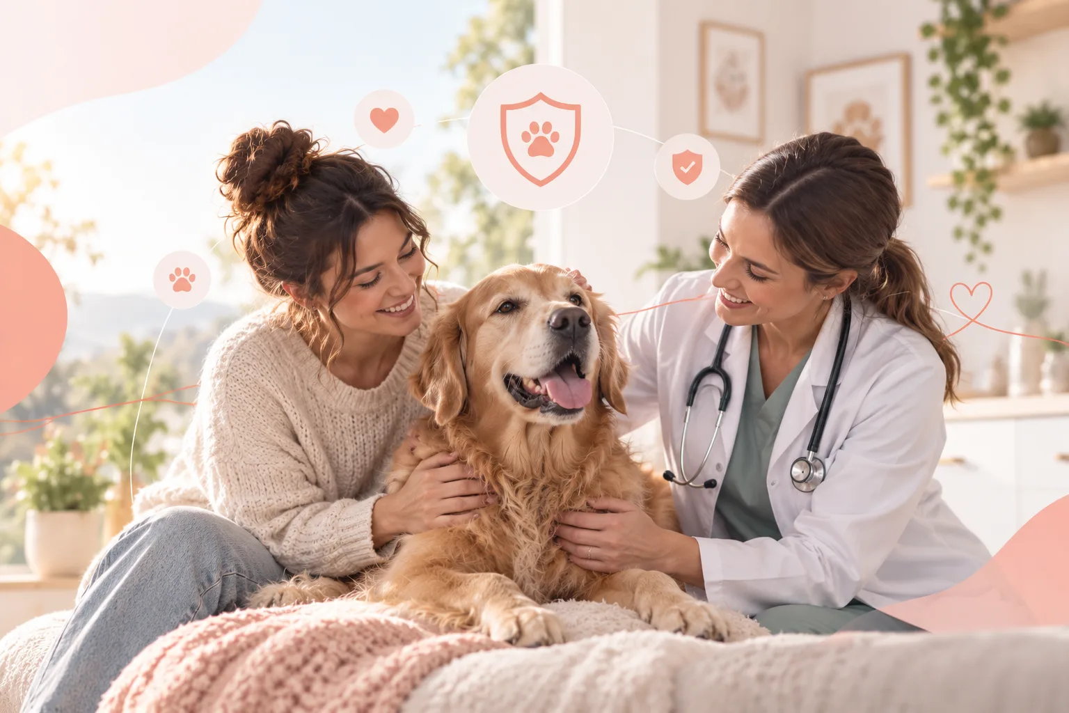 Golden retriever with an owner and veterinarian discussing care