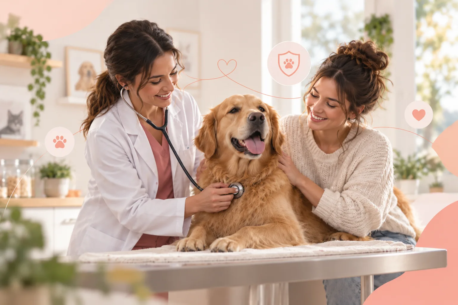Veterinary professional examining a golden retriever on an examination table